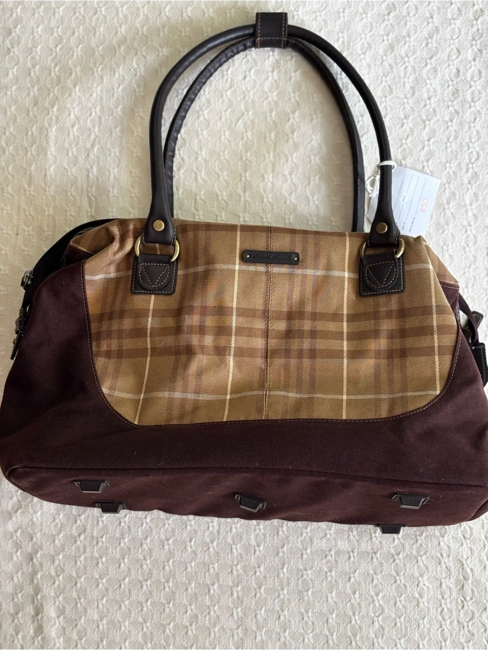 Eddie Bauer Brown Plaid Canvas Duffel Bag with Dark Trim